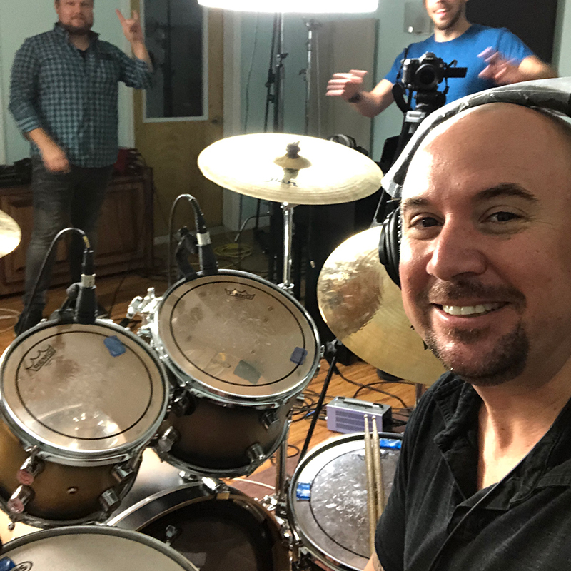 Photo of Josh Campbell on Drumset at a recording session in a Brooksville, Florida recording studio.